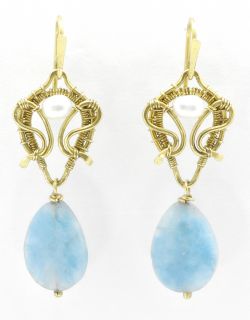 Orecchini Acquamarina ottone vintage antichi goccia azzurri perle pietre dure artigianali 